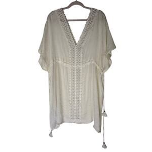 Allie Rose Ivory Cream Crochet Trim Woven V-neckline Relaxed Silhouette Coverup